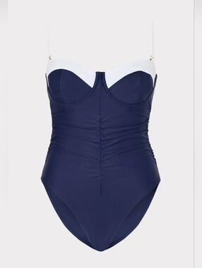 Milly Cabana Color Block Ruched One Piece Swimwuit Navy White Size Small